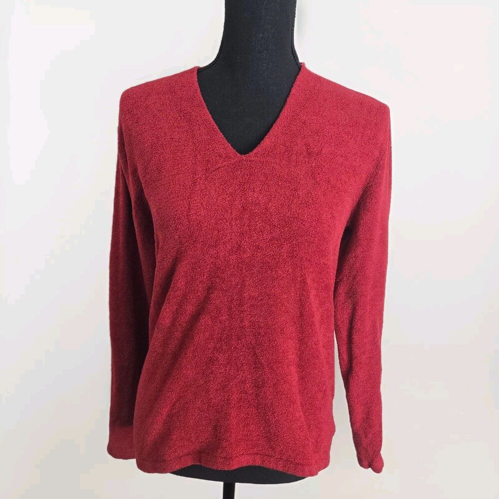 Vintage Y2K Sweater Women Large V-Neck Chenille Soft Red Long Sleeved Stretch